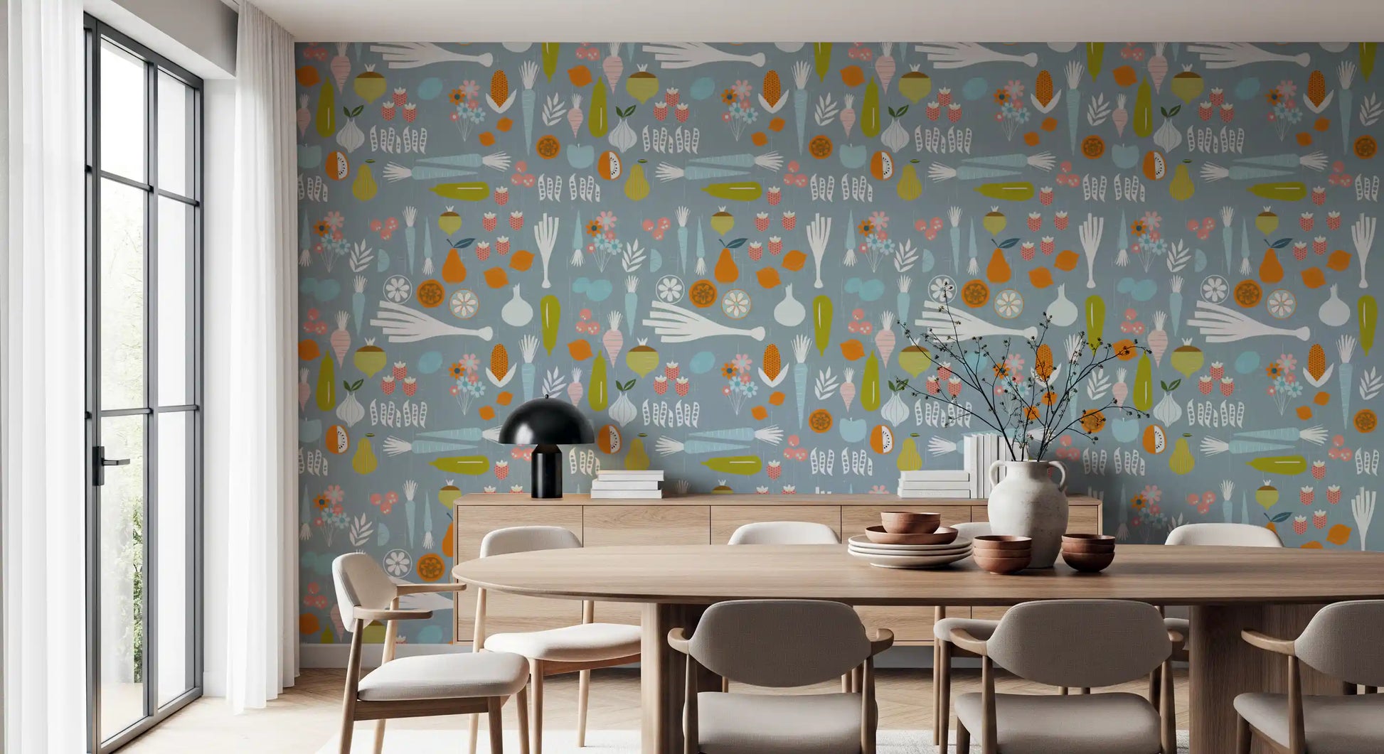 Breakfast corner featuring Kitchen Produce Wallpaper in dusty blue tones