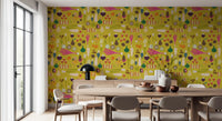 Yellow retro wallpaper showing vegetables, leaves, and market-style art