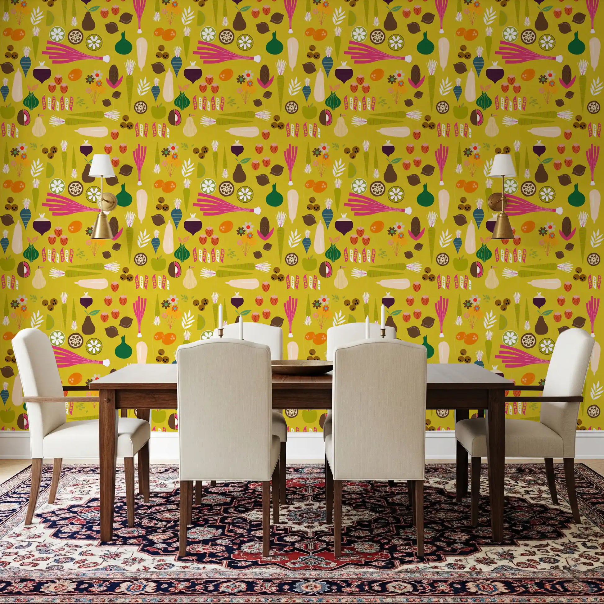 Dining nook styled in mustard produce wallpaper with fruit slice motifs