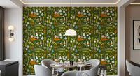 Breakfast corner with vintage food wallpaper and citrus slice motifs