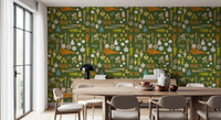 Vegetable pattern wallpaper with garden crops in a mid-century layout