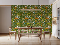 Food print wallpaper with citrus rounds, garlic bulbs, and carrot bunches