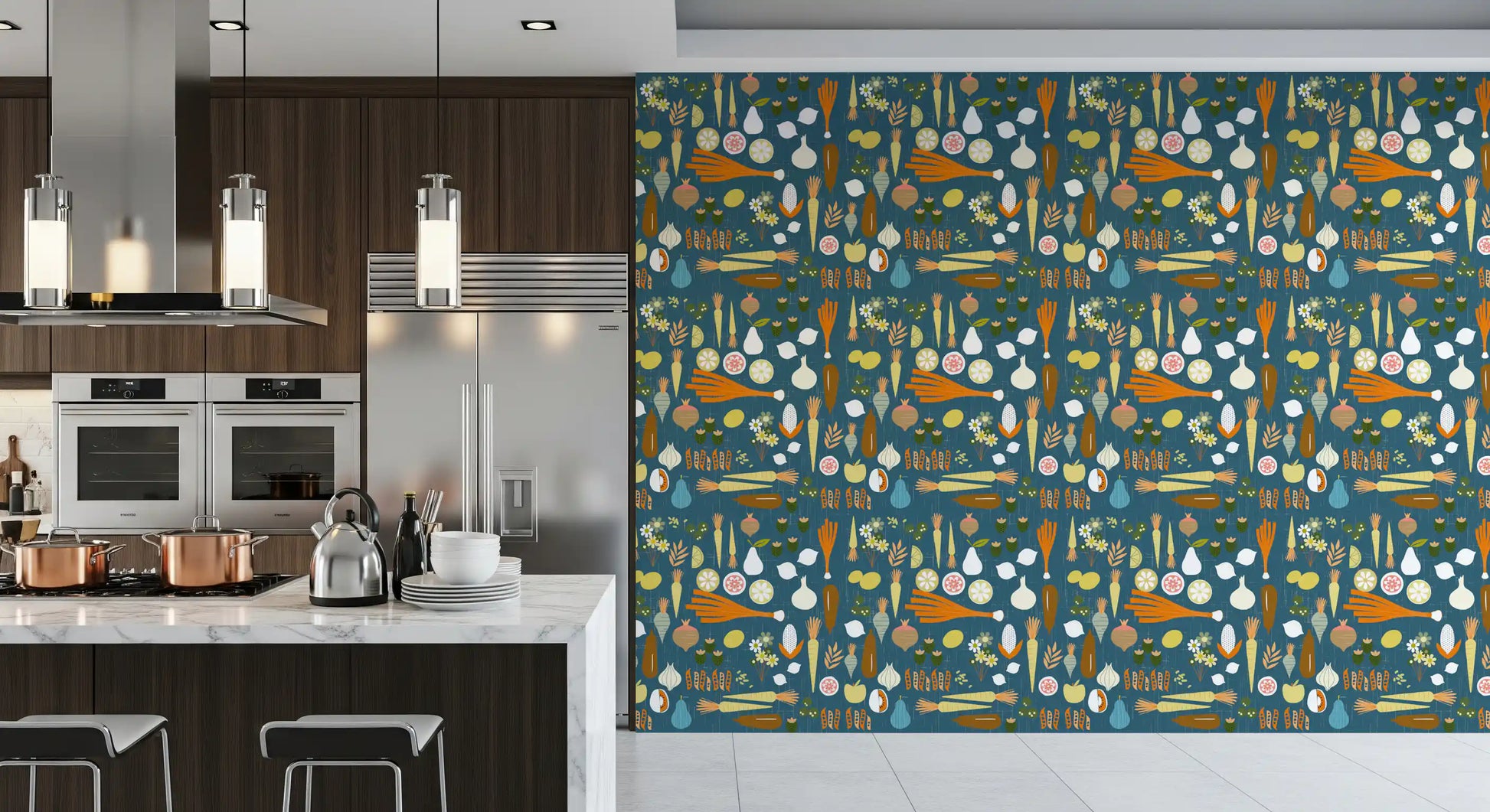 Food Motif Wallpaper with garden vegetables and vintage kitchen colour