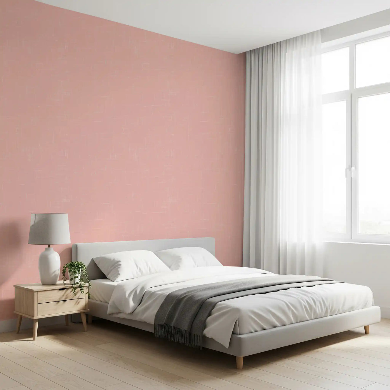 Mid century modern wallpaper in blush pink on a bedroom accent wall
