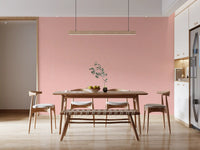 Blush pink mid century wallpaper on dining feature wall
