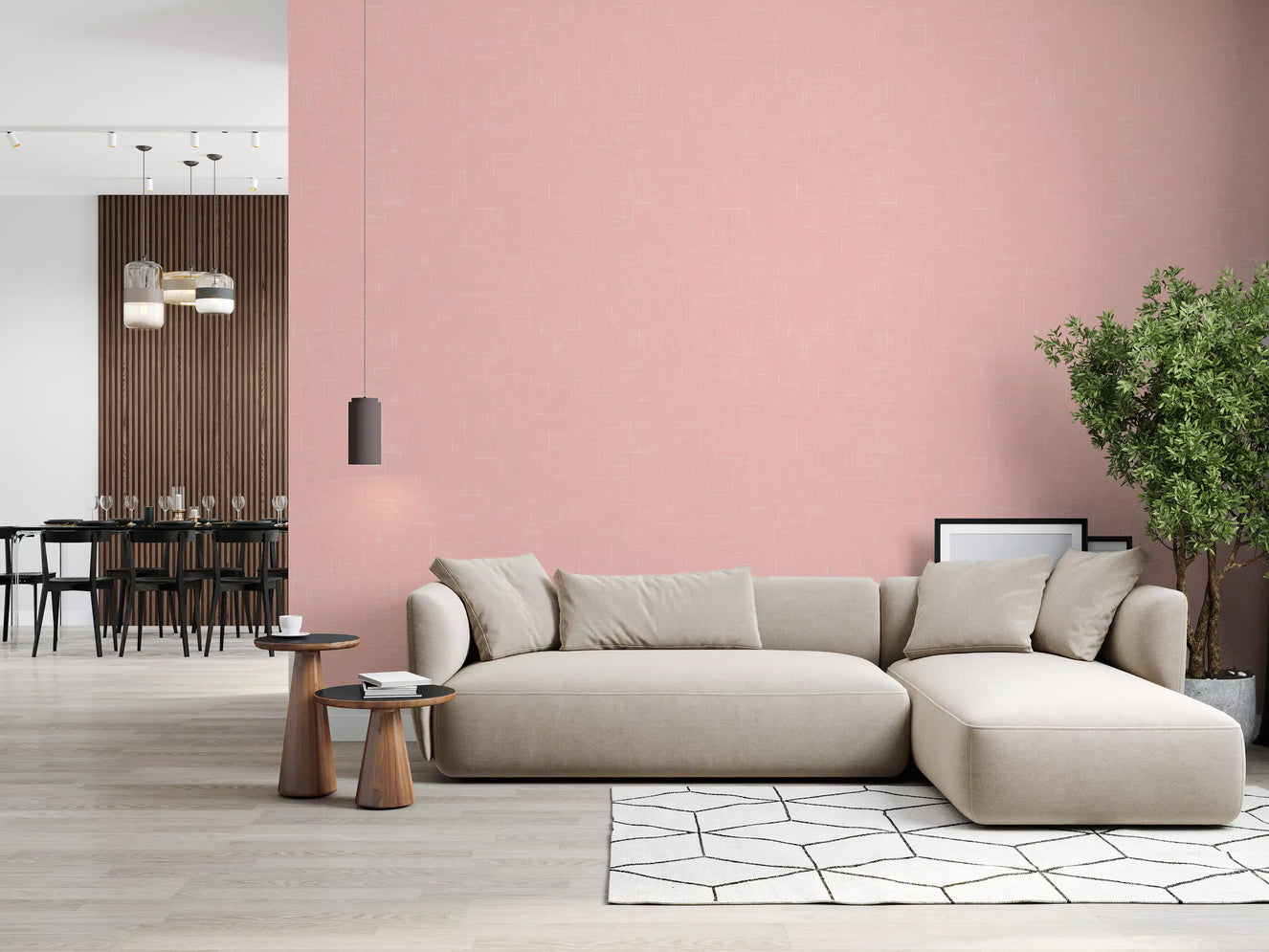Blush pink linen texture wallpaper on a living room feature wall