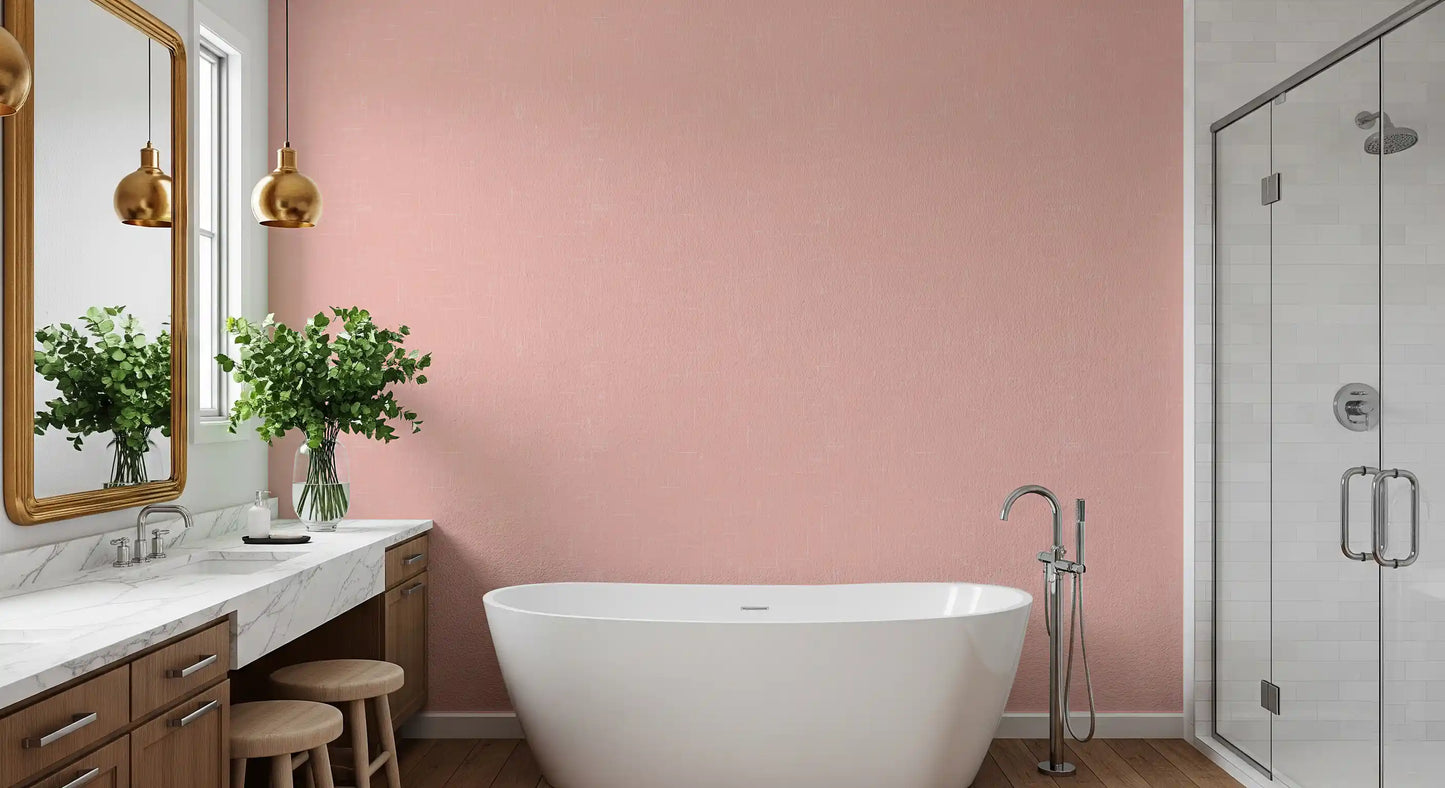 Blush pink textured wallpaper in a bright bathroom
