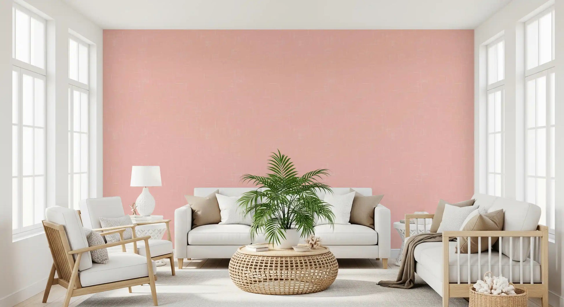 Soft blush linen pattern wallpaper covering a full hallway wall
