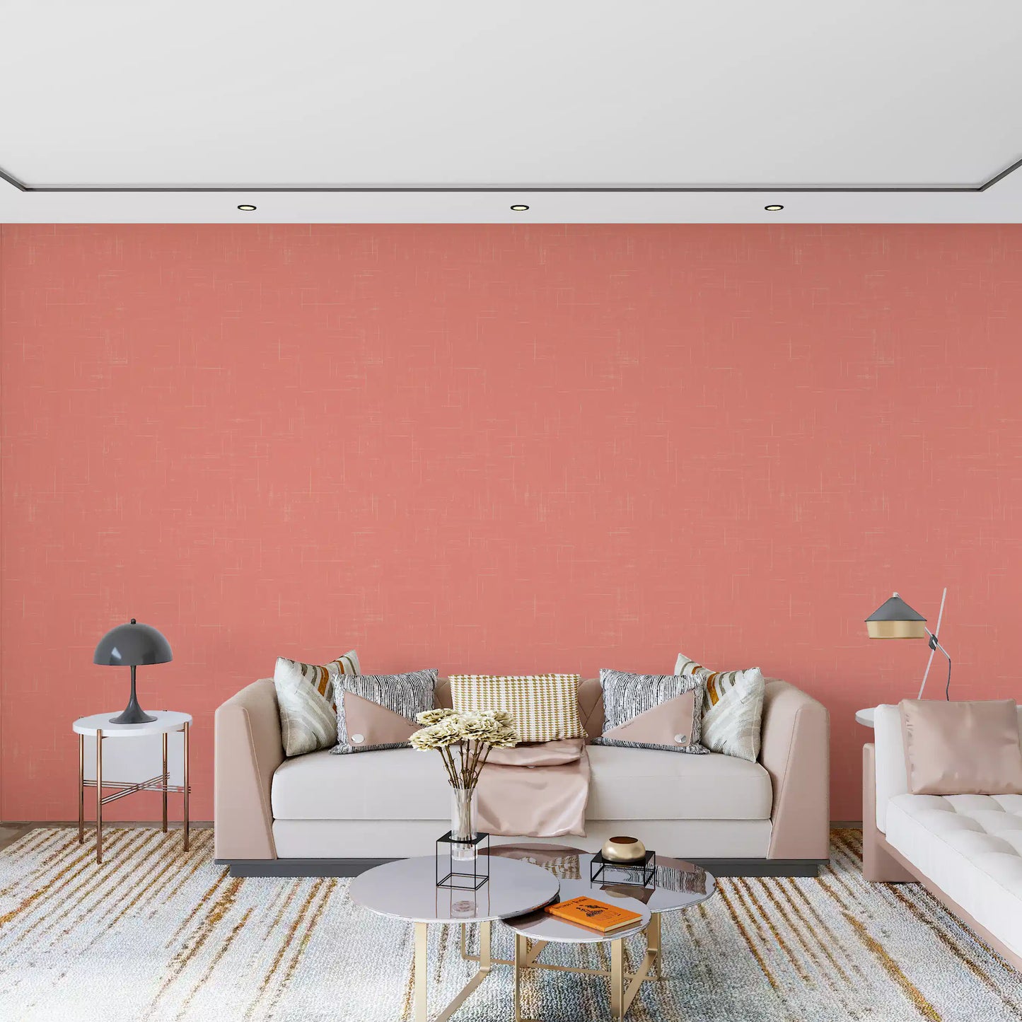 Linen weave wallpaper in coral on a modern living room accent wall