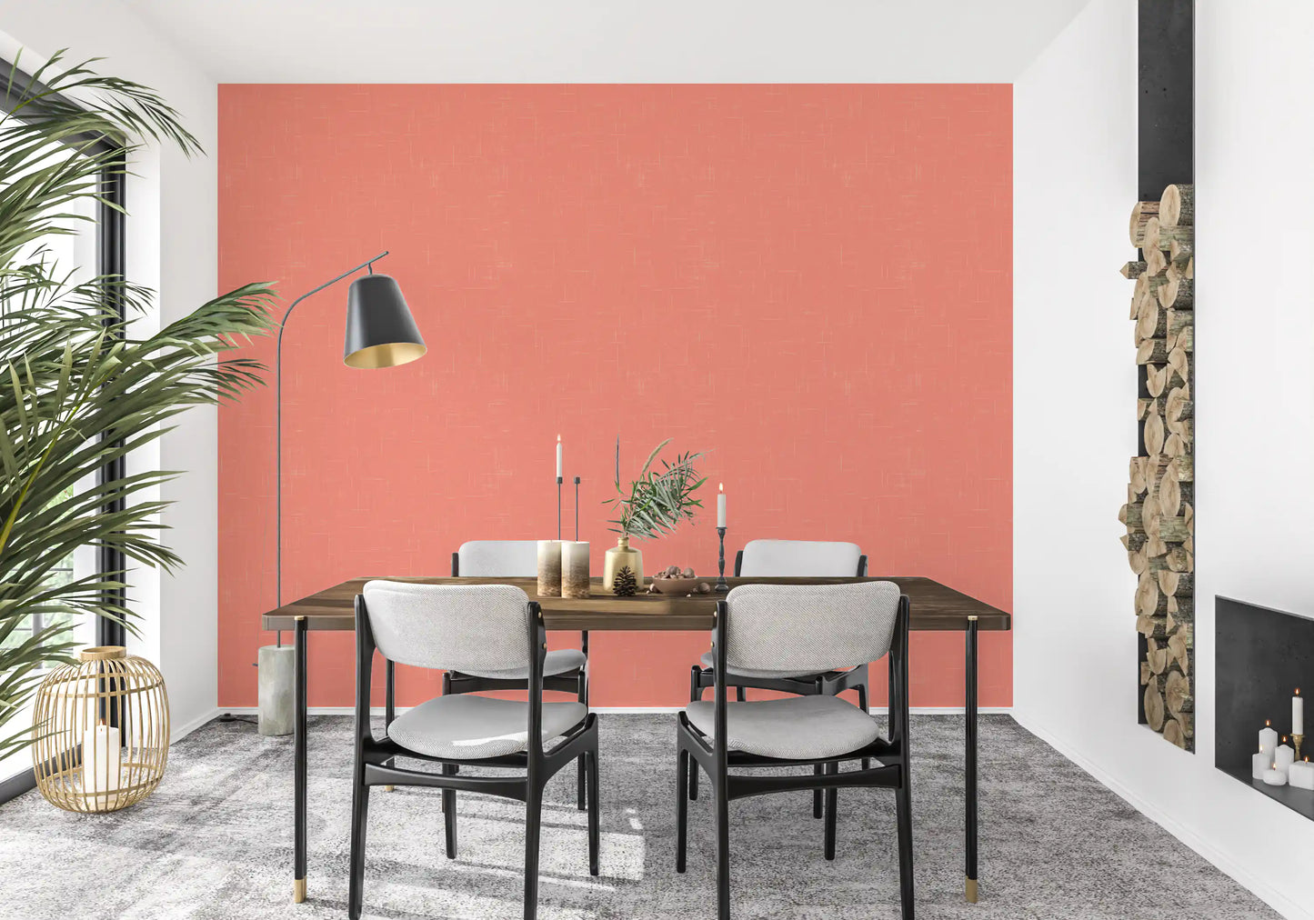 Warm coral textured wallpaper in a bright dining room