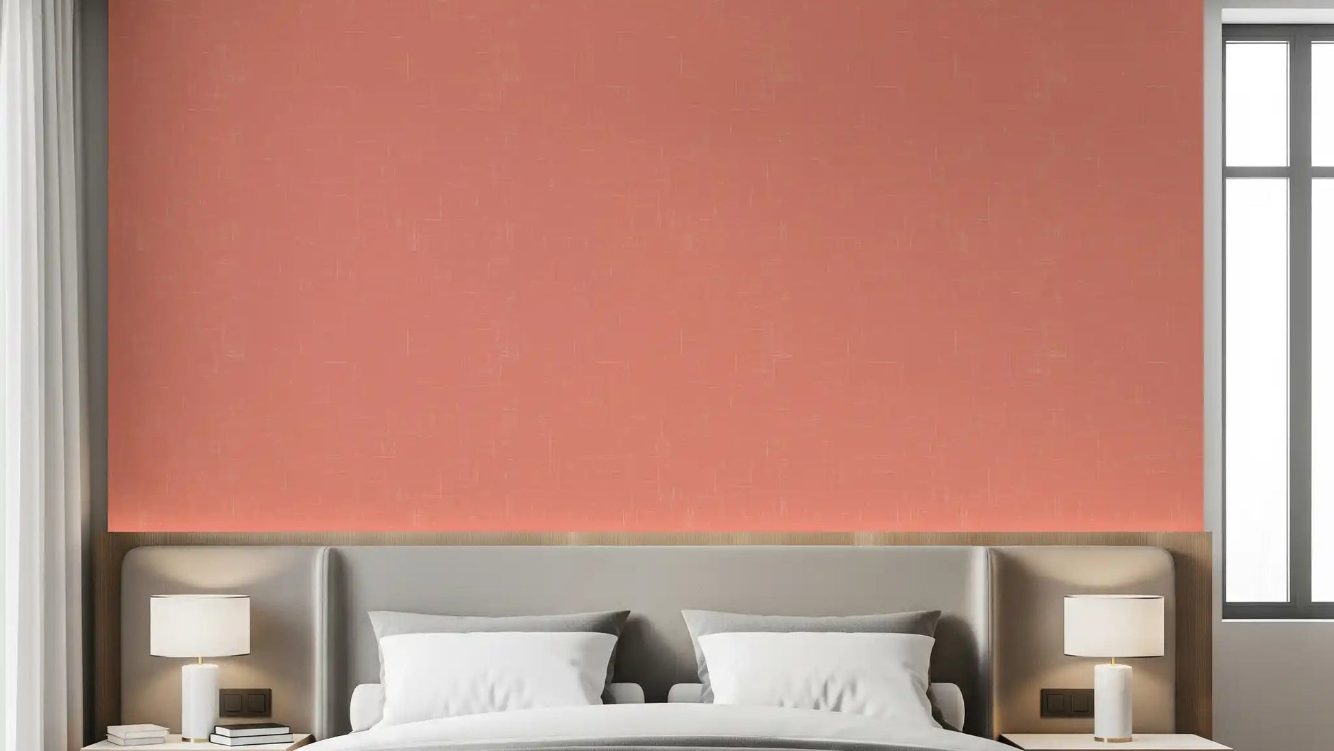 Coral linen texture wallpaper on a Bedroom feature wall