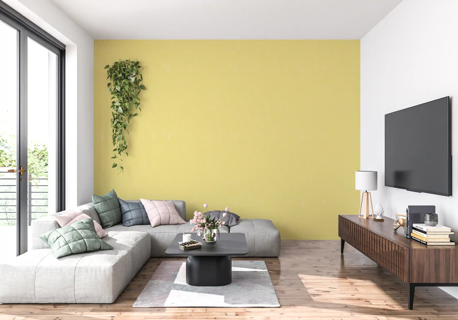 Yellow wallpaper design with woven detail and calm surface movement