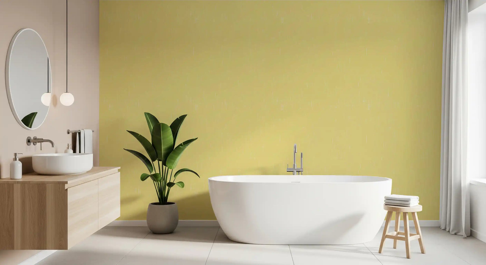 Bathroom wallpaper showing yellow texture with fine woven surface marks