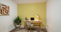 Office area styled in Mid Century wallpaper with pale linen-look detail