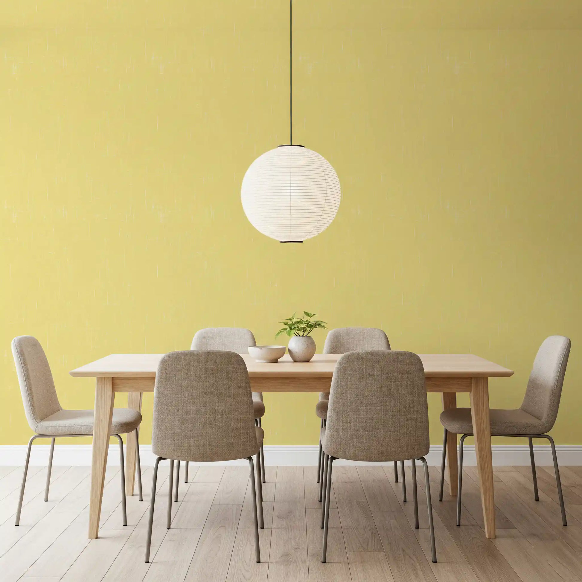 Dining room with Butter Yellow Linen wallpaper and soft textured finish