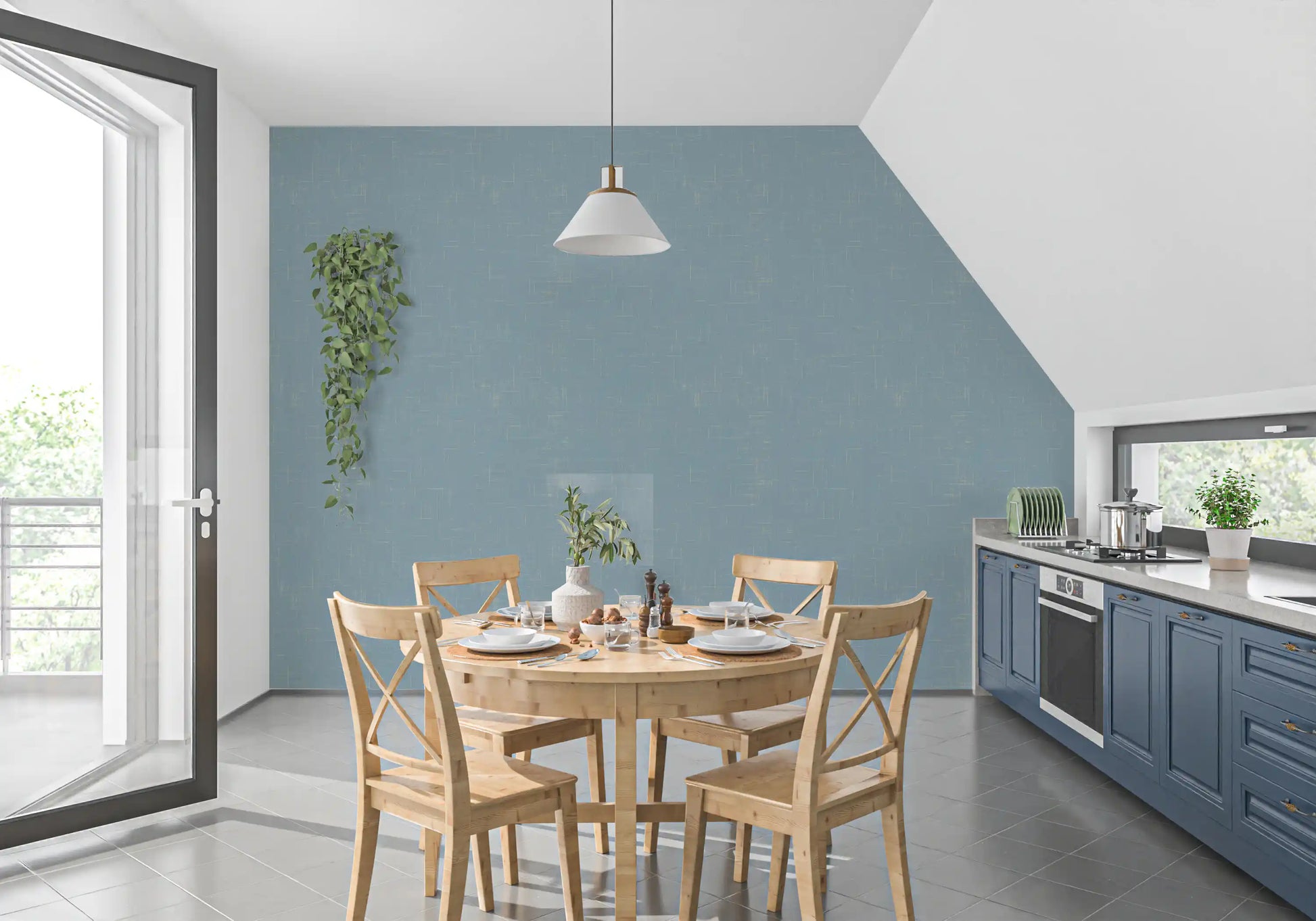 Dining room using soft blue wallpaper with a calm mid century finish