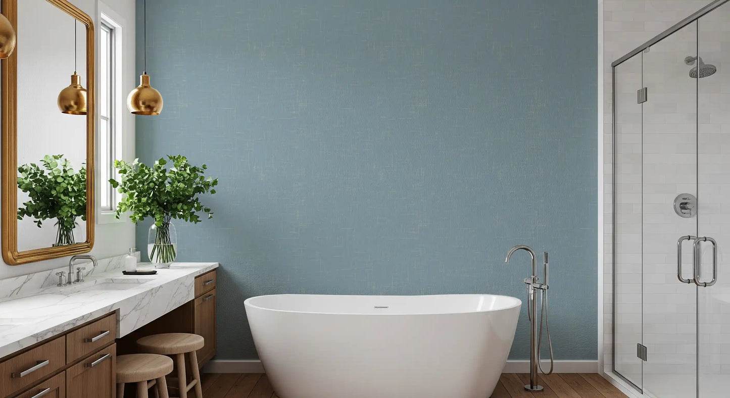 Powder blue wallcovering showing light grain lines across the surface