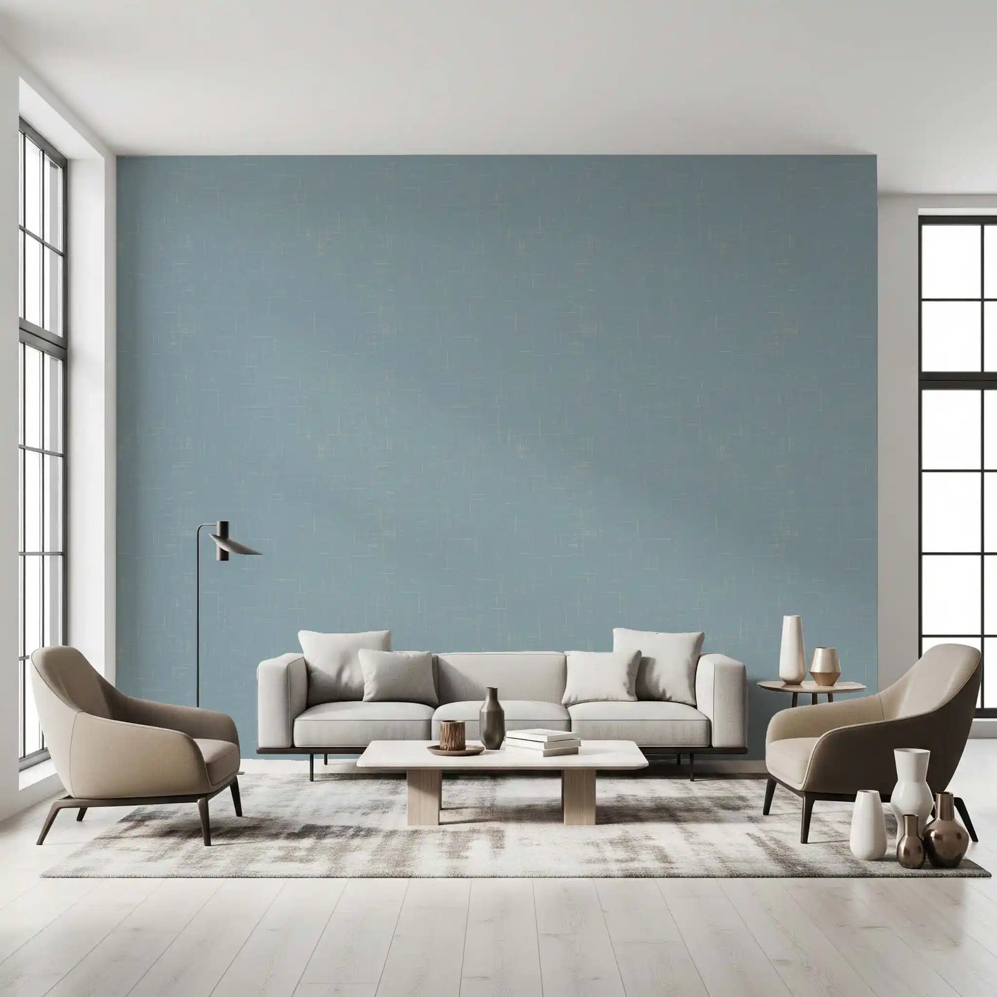 Hallway styled in dusty blue linen wallpaper with fine tonal linework