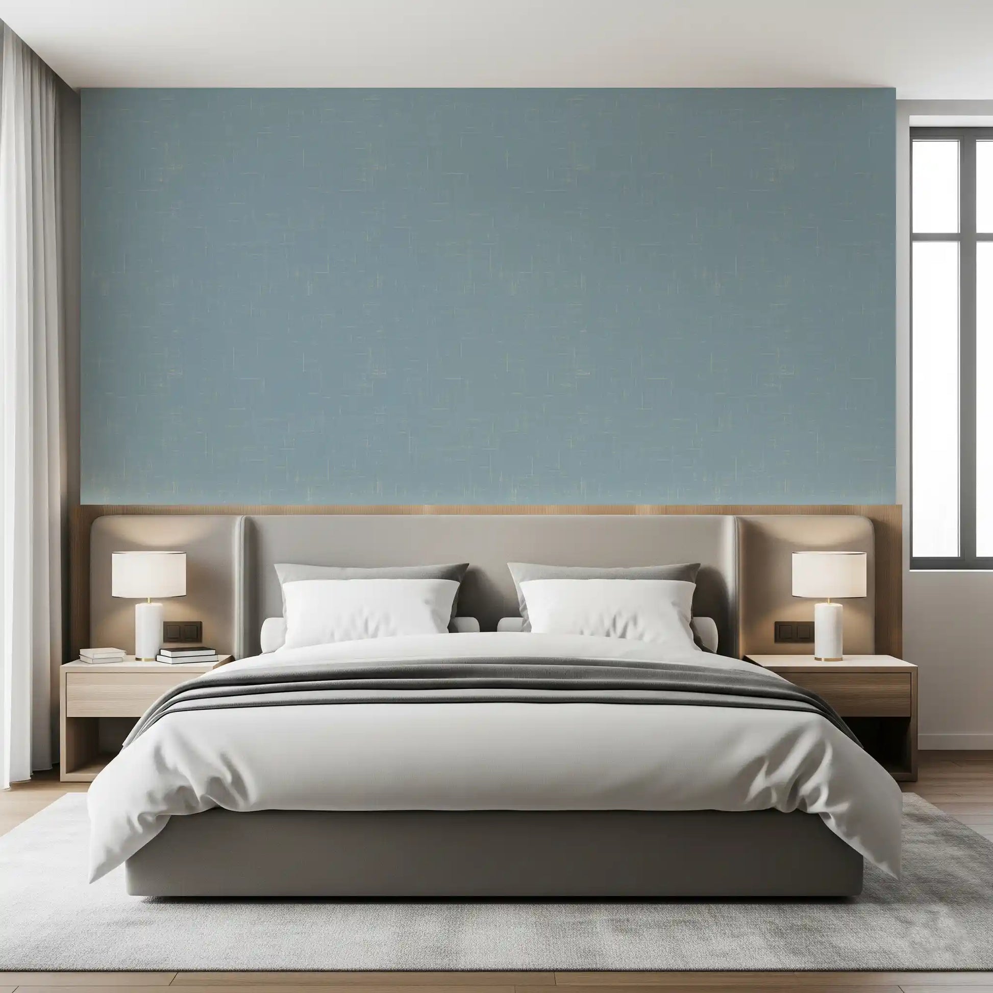 Vintage modern wallpaper in dusty blue with a restrained textured look