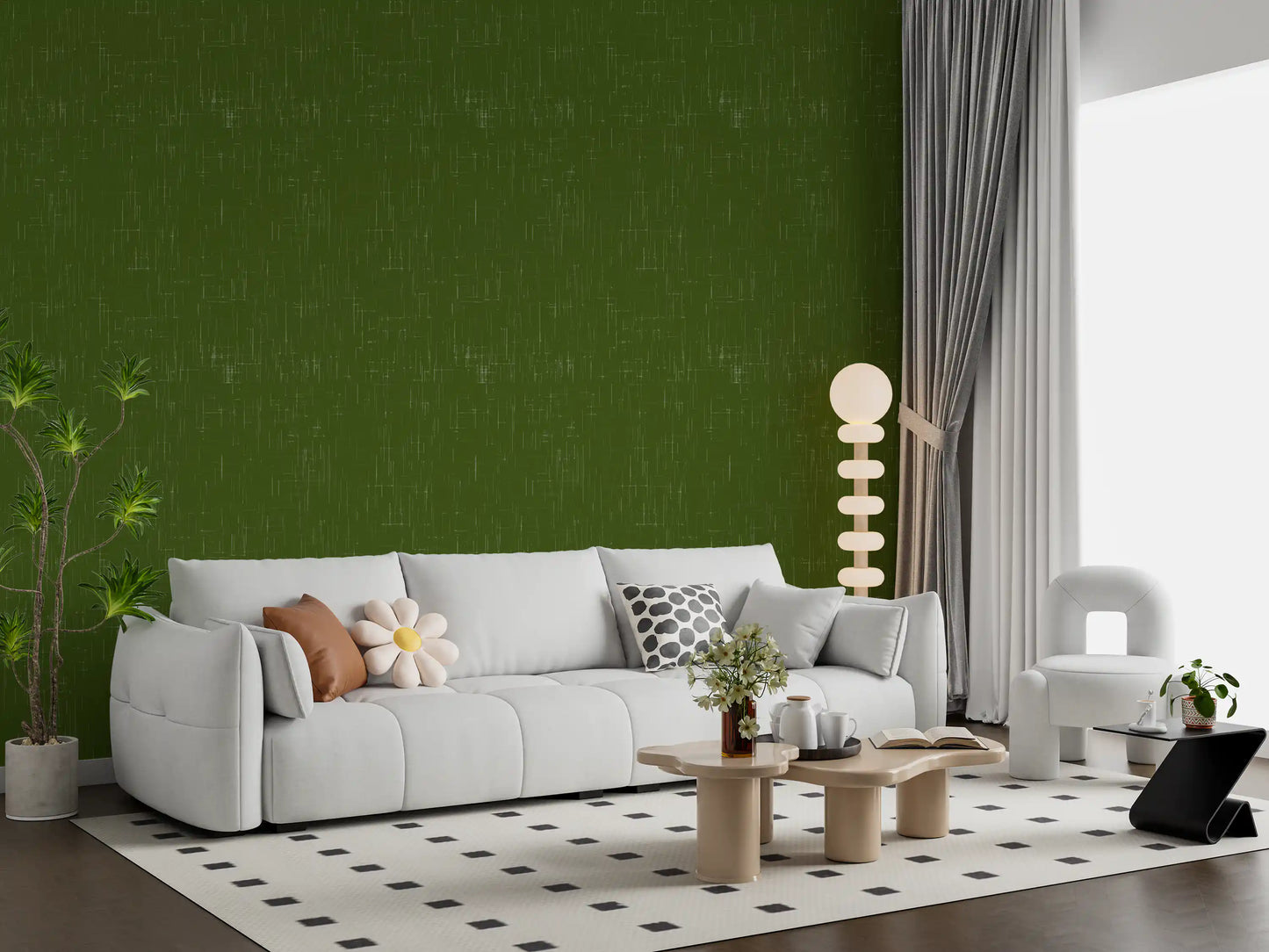 Living room with olive green wallpaper and a tactile retro surface look