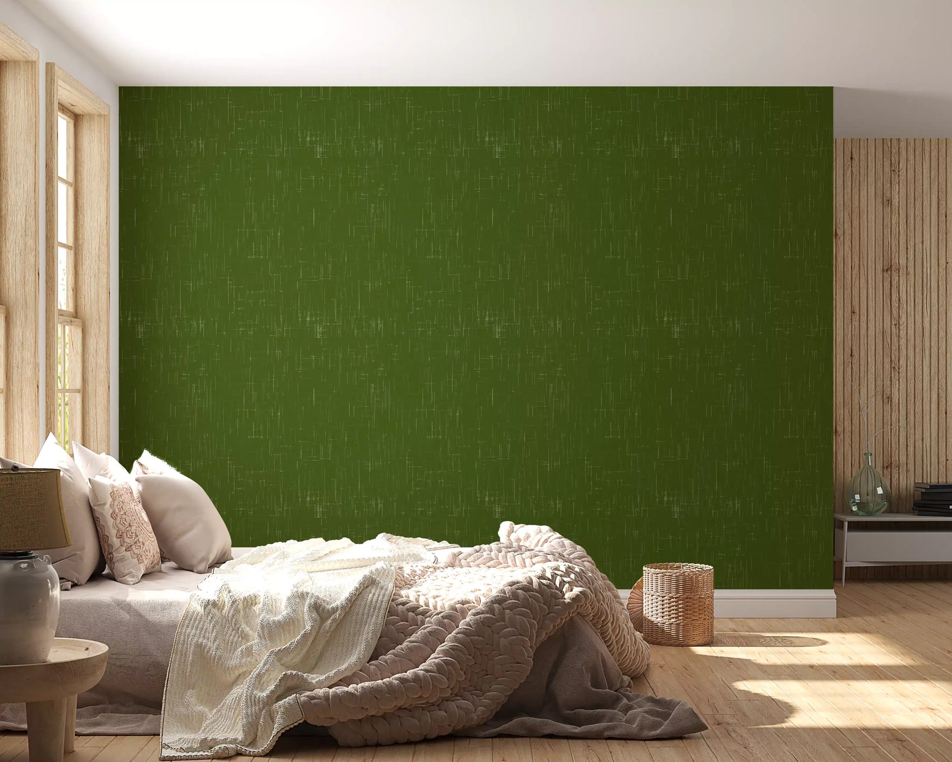 Tactile olive wallpaper with soft etched lines across the surface
