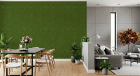 Dining room styled in green wallpaper with a soft linen-inspired finish