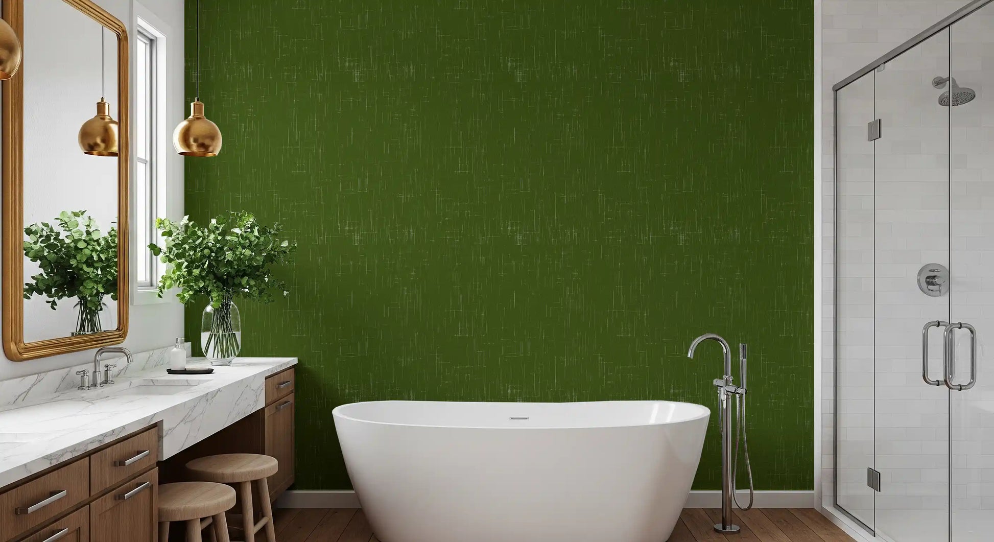 Green wallpaper showing a woven appearance and controlled retro character