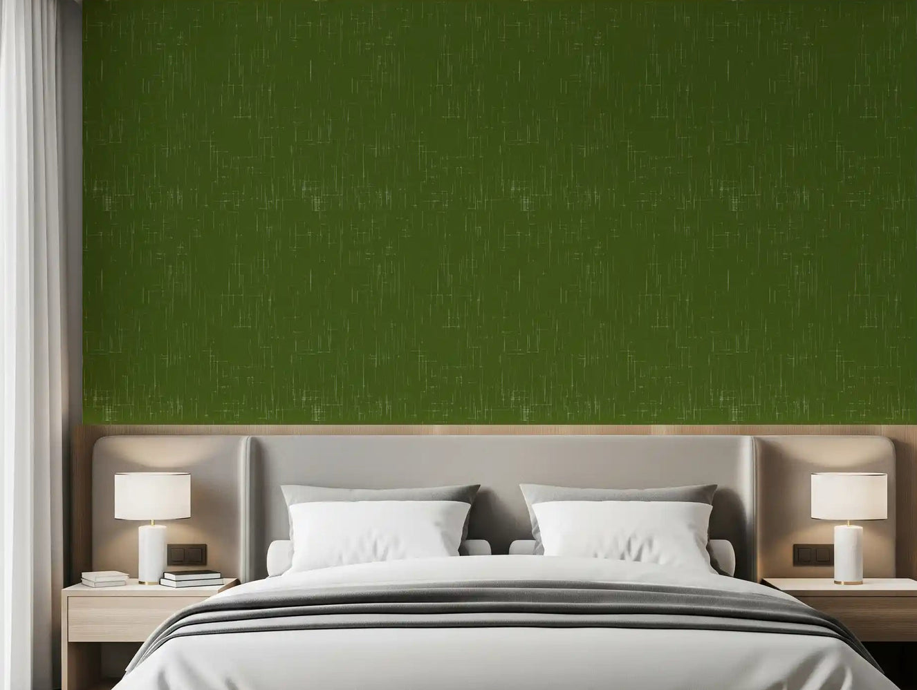Bedroom featuring earthy olive wallcovering with fine woven markings
