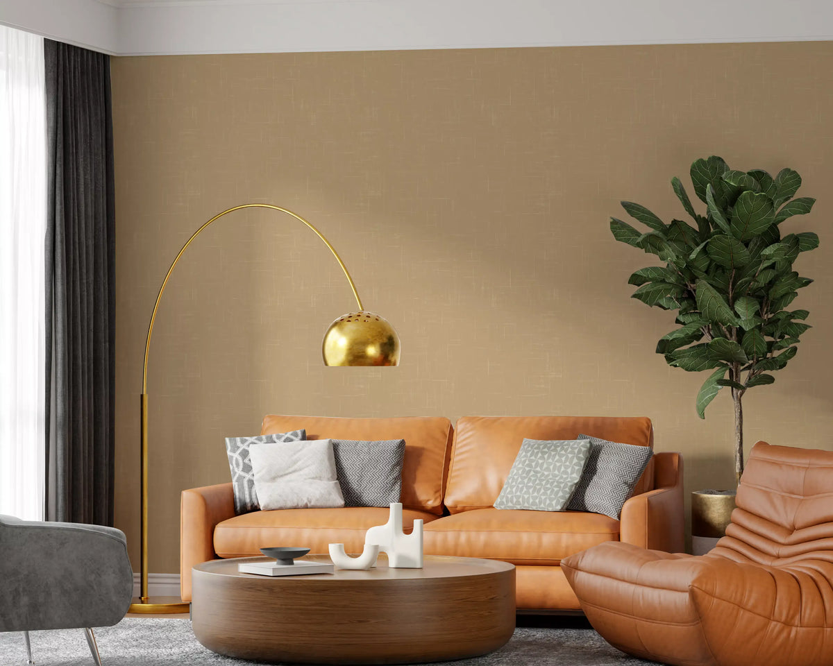 Office area with mid century modern wallpaper in a muted taupe tone