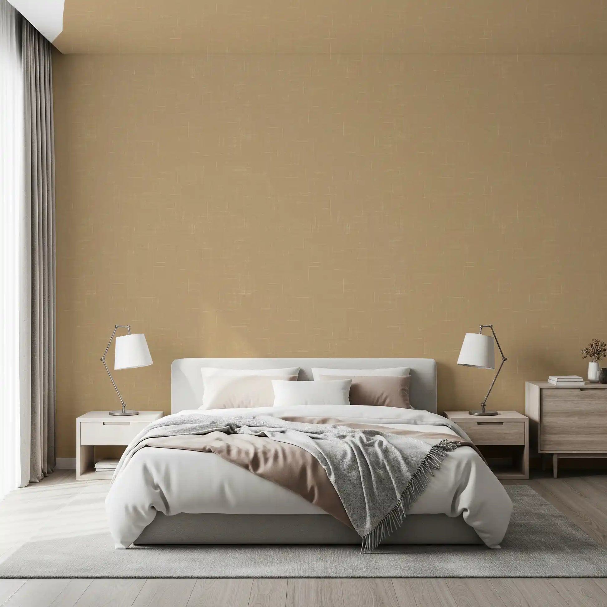 Bedroom featuring taupe linen texture wallpaper in a mid century look