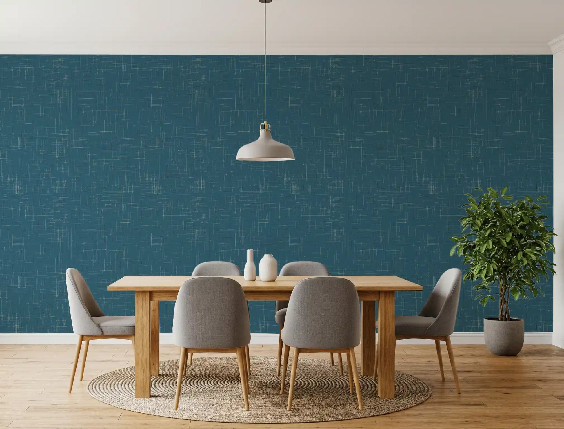 Modern Linen Wallpaper in teal with balanced texture and depth