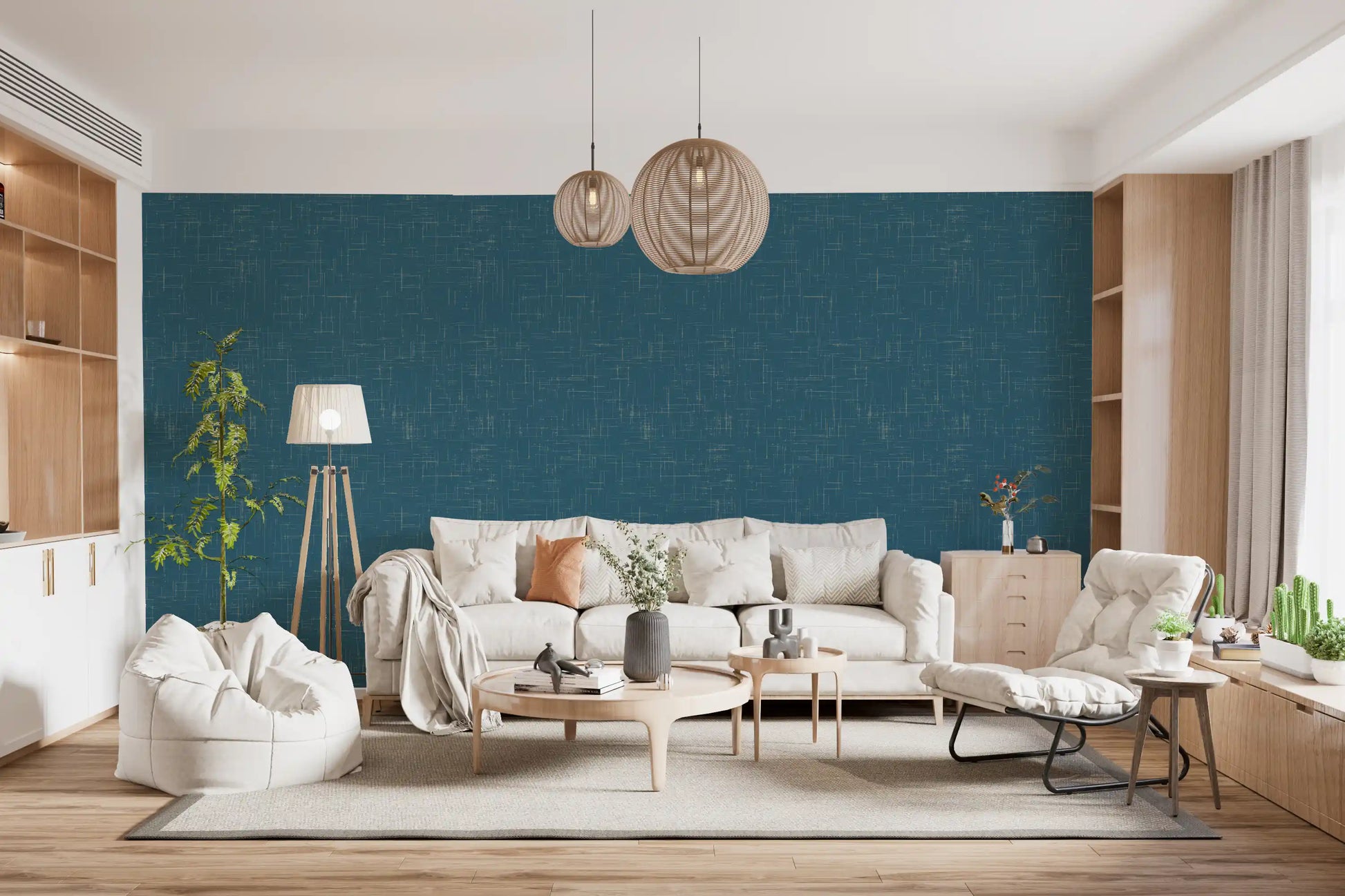 Living room featuring Teal Linen Wallpaper with a clean modern textured look