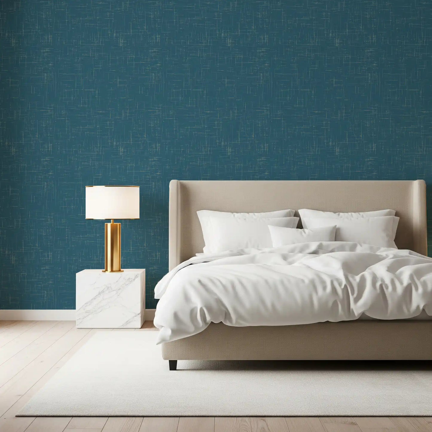 Bedroom area with Teal Modern Wallpaper and woven-style surface detail