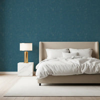 Bedroom area with Teal Modern Wallpaper and woven-style surface detail