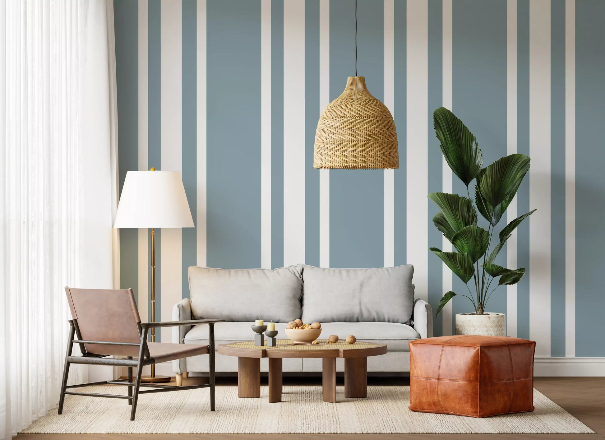 Hallway styled in Blue Grey Stripe Wallpaper with a clean farmhouse feel