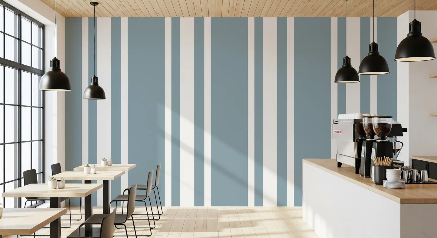 Dining space with Ticking Wallpaper and broad blue grey stripe bands