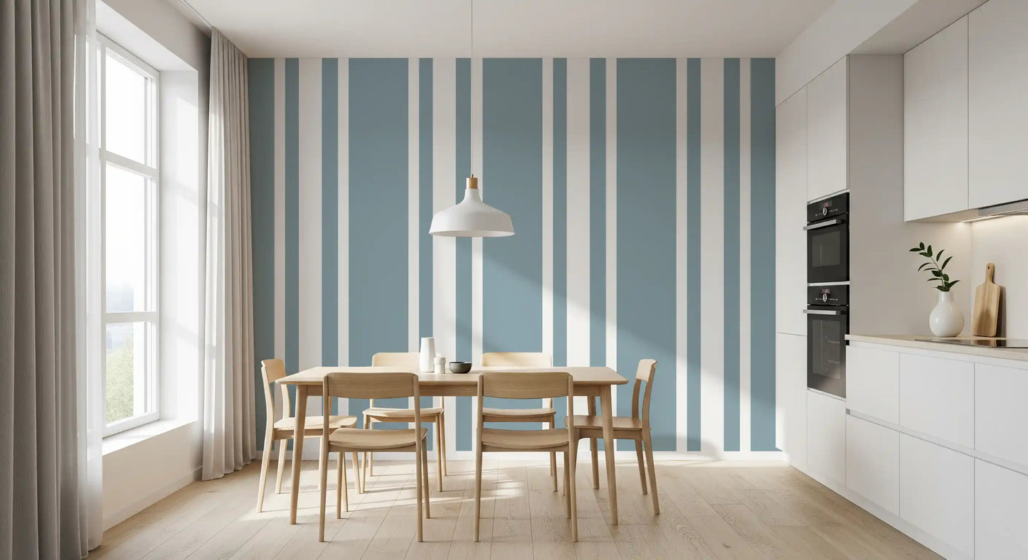 Dining area featuring Blue Grey Ticking Stripe Wallpaper in soft muted tones