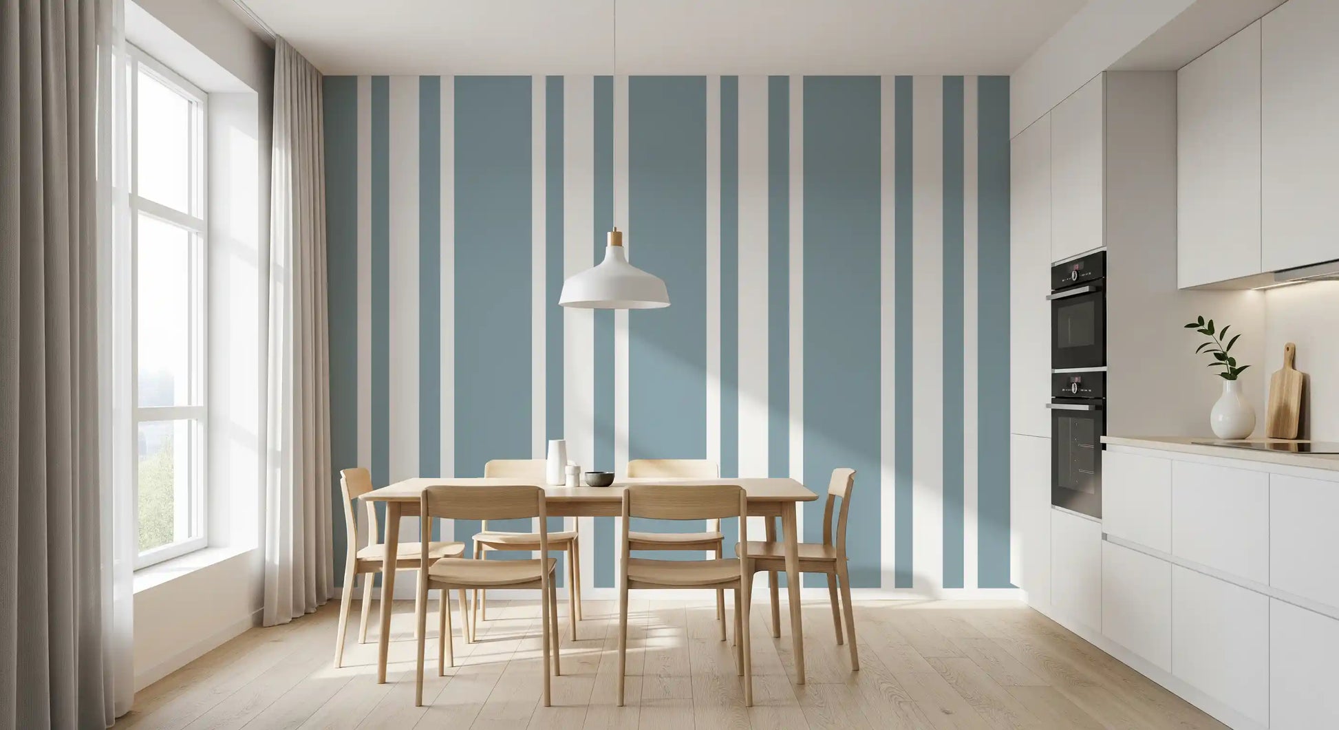 Dining area featuring Blue Grey Ticking Stripe Wallpaper in soft muted tones