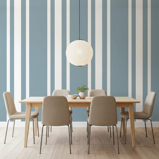 Dining room with Blue Grey Farmhouse Wallpaper and vertical ticking stripes