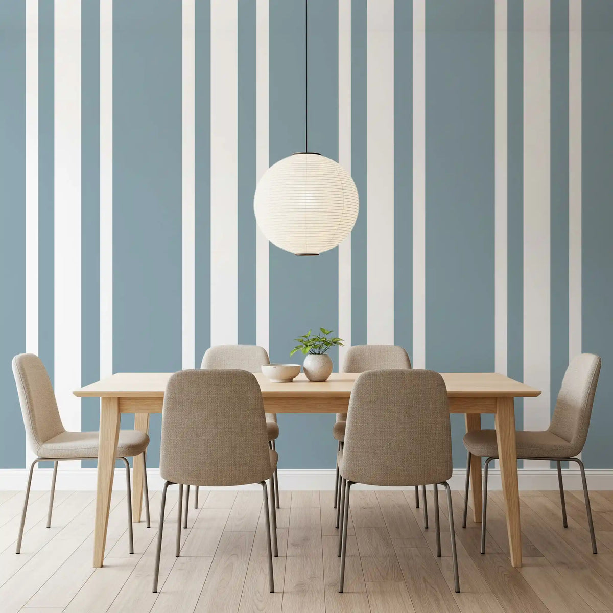 Dining room with Blue Grey Farmhouse Wallpaper and vertical ticking stripes