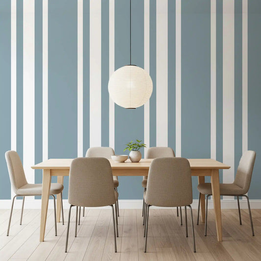 Dining room with Blue Grey Farmhouse Wallpaper and vertical ticking stripes