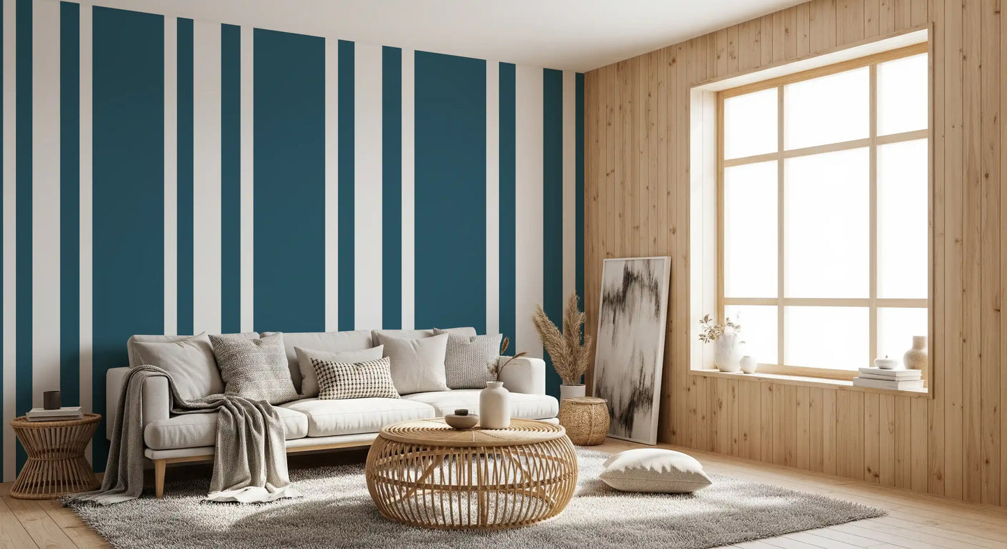 Living room using Ticking Line Wallpaper in rich blue and white tones