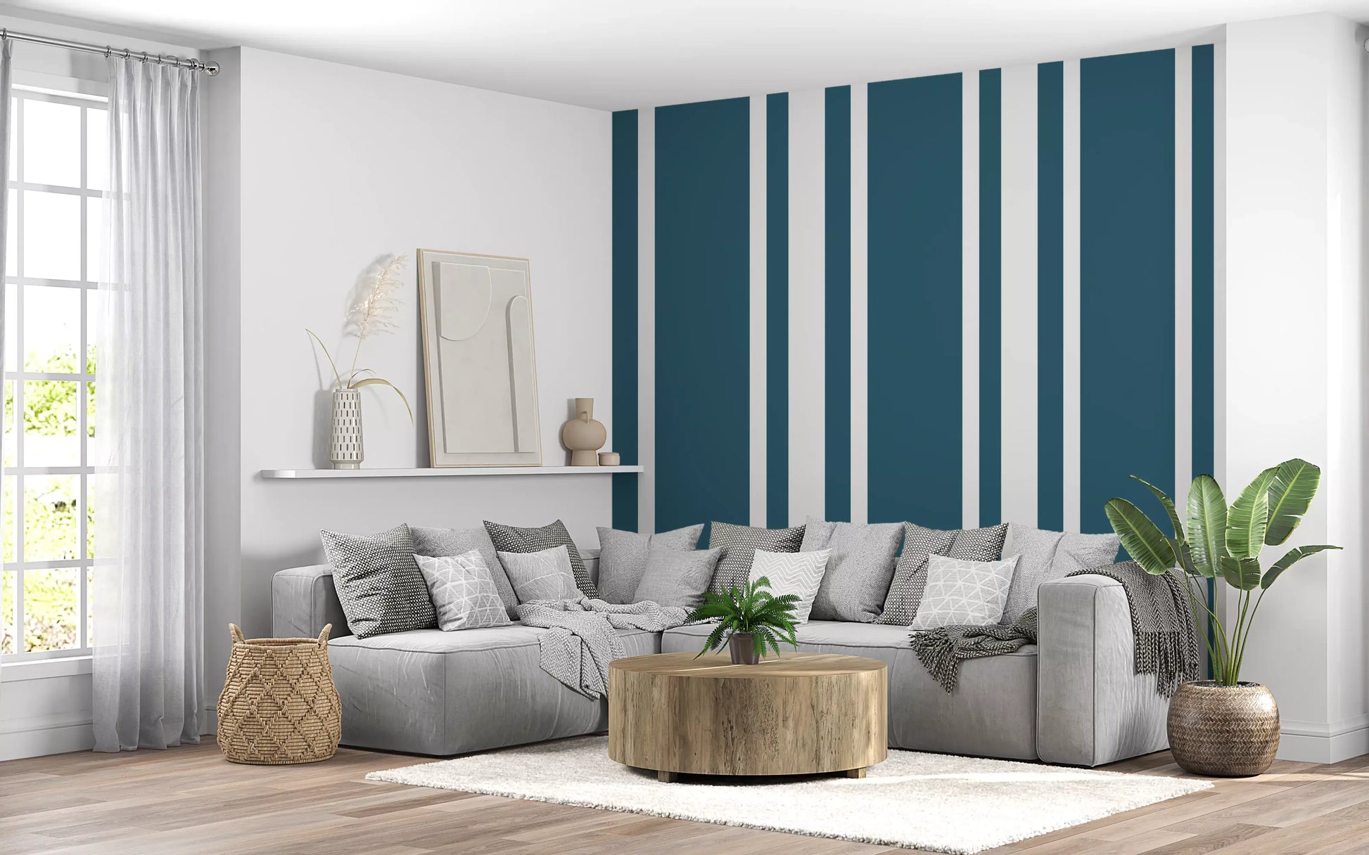 Coastal Ticking Wallpaper showing deep blue lines and clean repeat