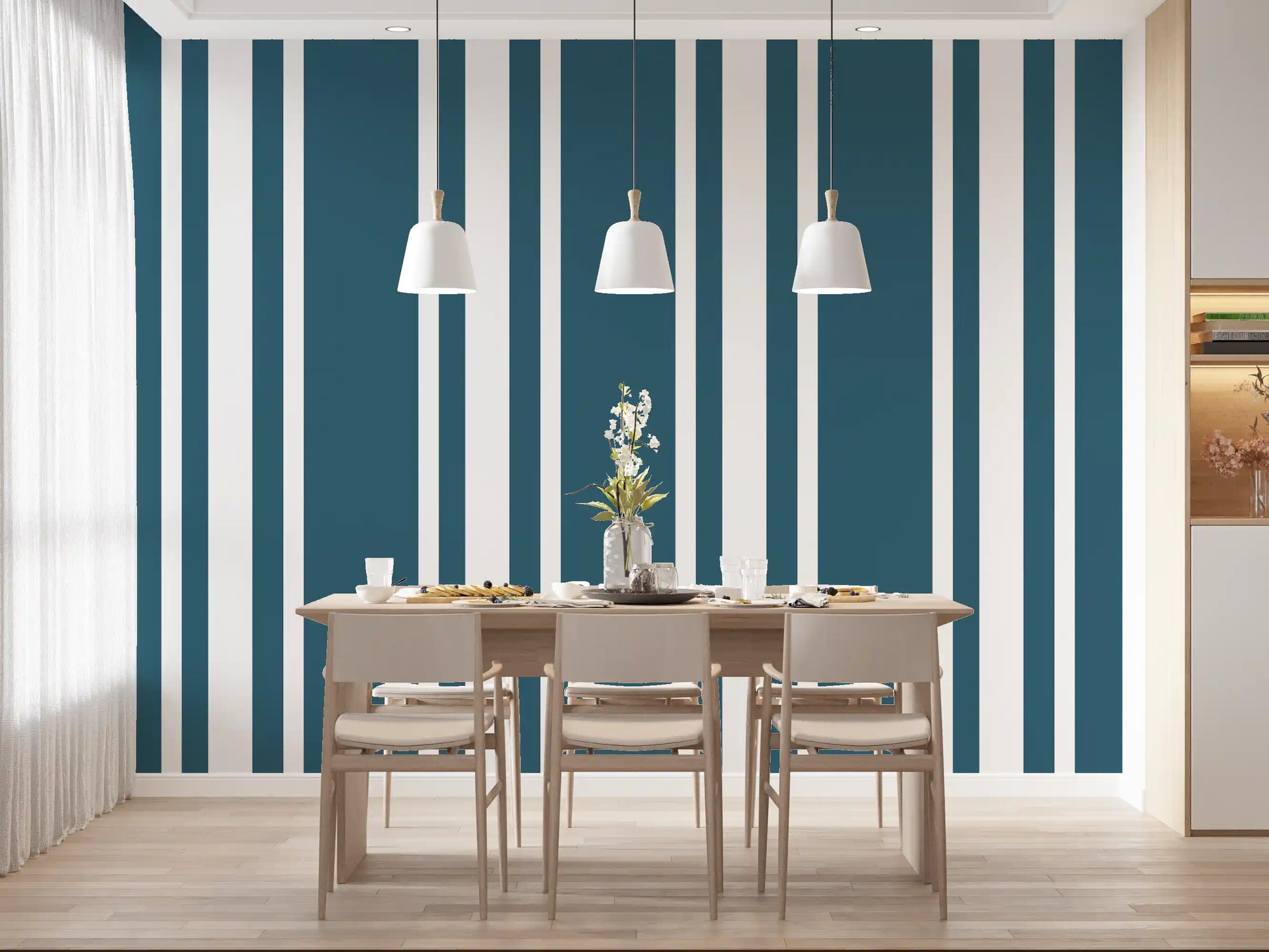 Dining space with Blue Coastal Wallpaper and simple stripe movement