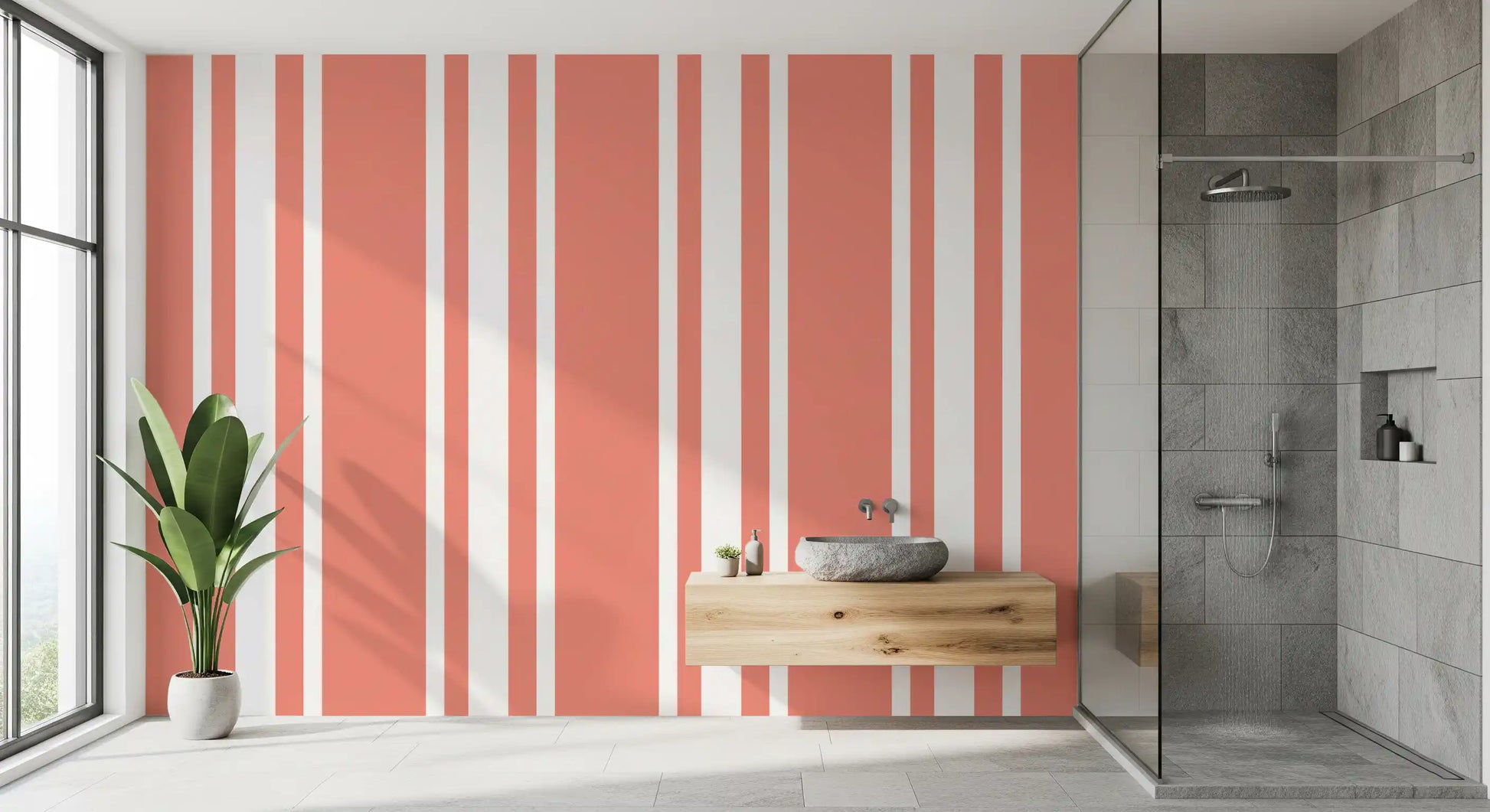 Modern coastal wallpaper with coral vertical bands and crisp spacing