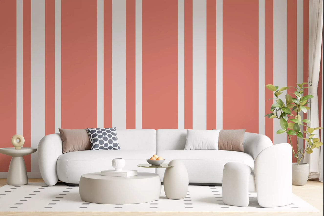 Living room featuring coral stripe wallpaper with coastal-inspired layout