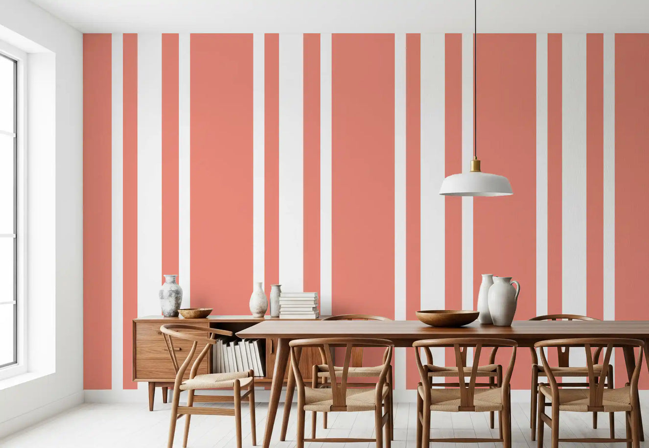 Coral Ticking Stripe Wallpaper Coastal Wallpaper⁠