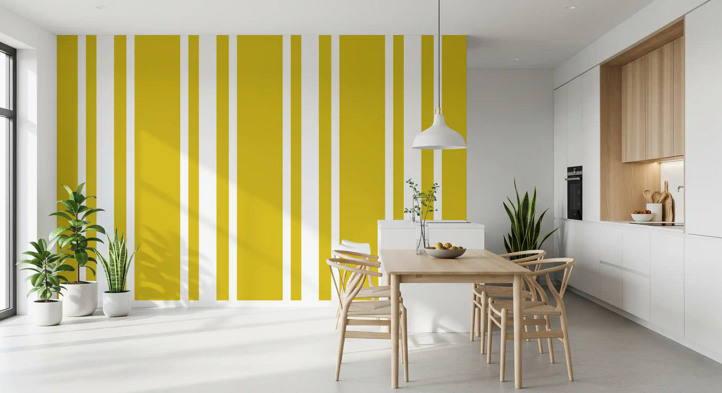 Dining room using Mustard Ticking Wallpaper and clean stripe spacing