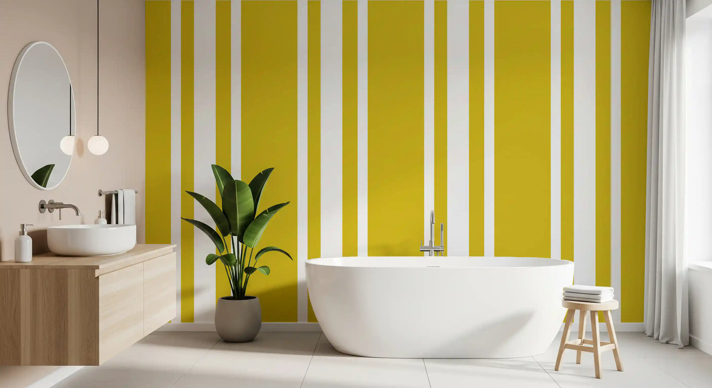 Bathroom wallpaper with mustard farmhouse stripes and bright contrast