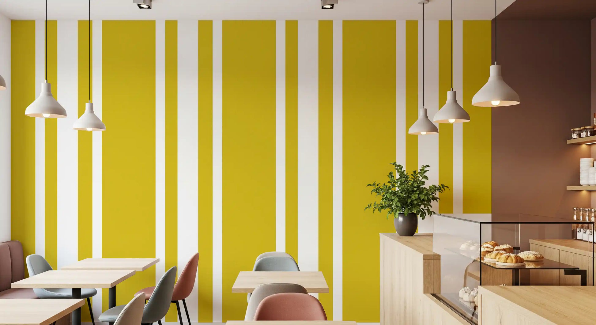 Yellow stripe wallpaper with Farmhouse character and crisp spacing